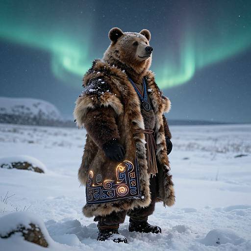 Photograph of a anthropomorphic bear in a fur coat with intricate embroidery, standing in a snowy landscape under the Northern Lights.