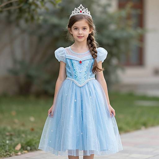 Photograph of a young girl with light brown hair in a braid, wearing a silver tiara, light blue princess dress, and white puffed