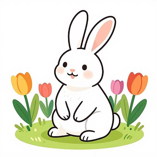 Cute digital drawing of a white bunny with pink ears, sitting on green grass, surrounded by colorful tulips (orange, pink, red).