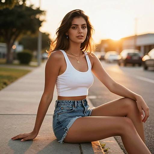 Young Woman Sitting on Pathway at Sunset