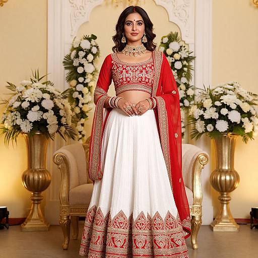 Photograph of a beautiful South Asian woman in a red and white traditional lehenga, gold jewelry, standing in an ornate room with floral arrangements.