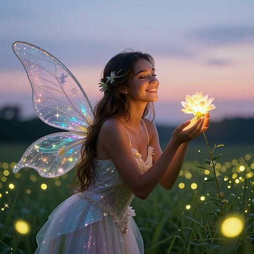 Photograph of a fairy-like girl with glowing wings, holding a sparkler, in a twilight meadow with glowing fireflies. She wears a sparkling