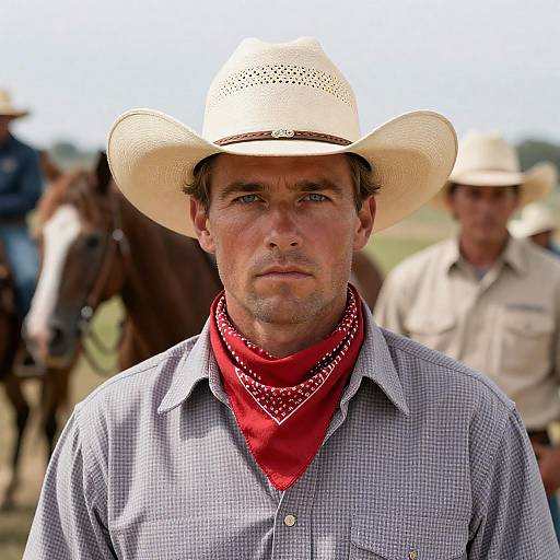Serious Cowboy with Horses in Background