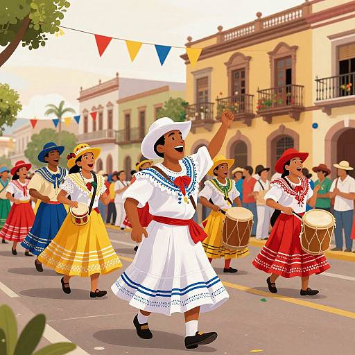Vibrant street parade illustration featuring Mexican dancers in traditional white dresses with blue embroidery, playing drums, waving, and smiling against a colorful, historic building