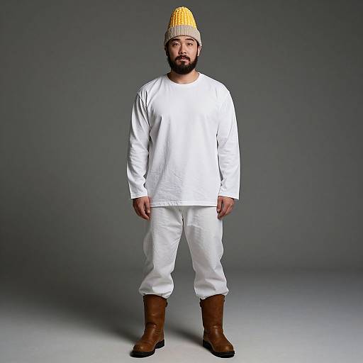 Photograph of a bearded man with medium brown skin, wearing a yellow knit hat, white long-sleeve shirt, white pants, and brown