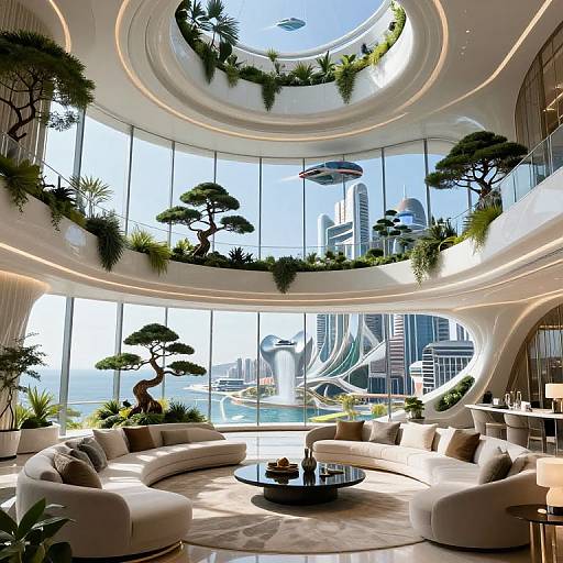 Photograph of futuristic, circular, two-story living room with large skylights, lush greenery, potted trees, cityscape view, white