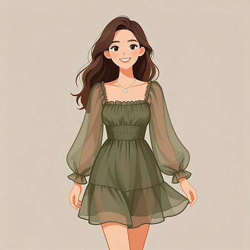Digital anime-style illustration of a smiling woman with long brown hair, wearing a sheer green, off-shoulder, long-sleeve dress.
