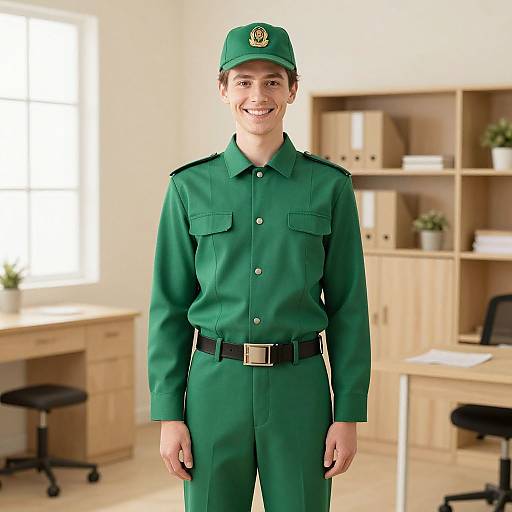 Photograph of a smiling young man in a green military uniform with a cap, standing in a bright office with wooden furniture.
