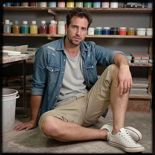 Photograph of a casually dressed, bearded man with short curly hair, sitting on a concrete floor in a paint supply room, wearing a denim shirt