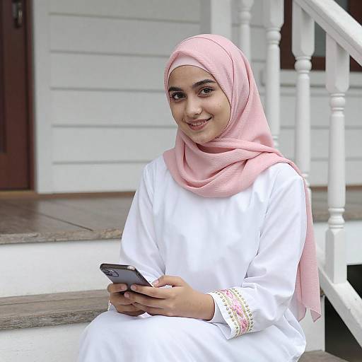 Smiling Woman in Pink Hijab Outdoors