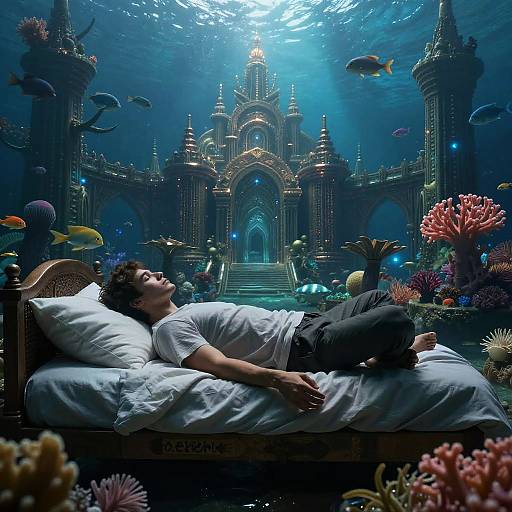 Young Man Meditating Dreaming of Ancient Underwater City