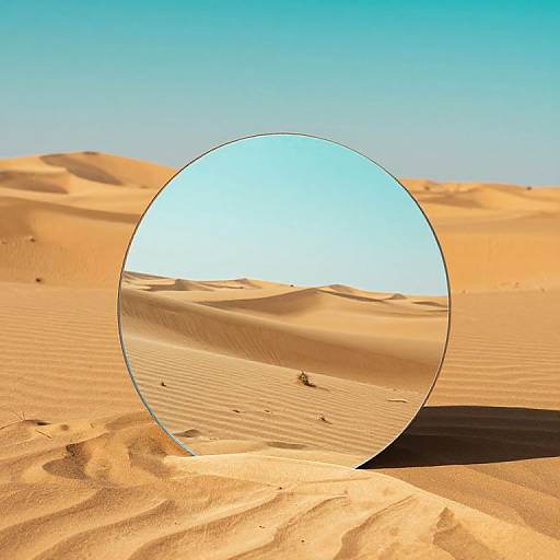 Photograph of a circular mirror reflecting a vast, sunlit desert with undulating sand dunes under a clear, bright blue sky.