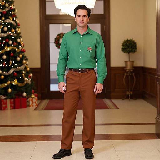 Photograph of a man in a green button-up shirt and brown pants, standing in a warmly lit, Christmas-decorated hallway.