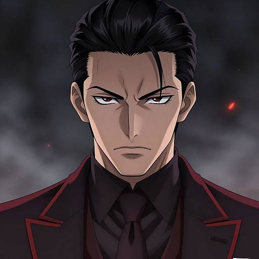 Digital anime-style portrait of a stern, black-haired man with intense eyes, wearing a dark red jacket and black shirt, against a dark, smoky