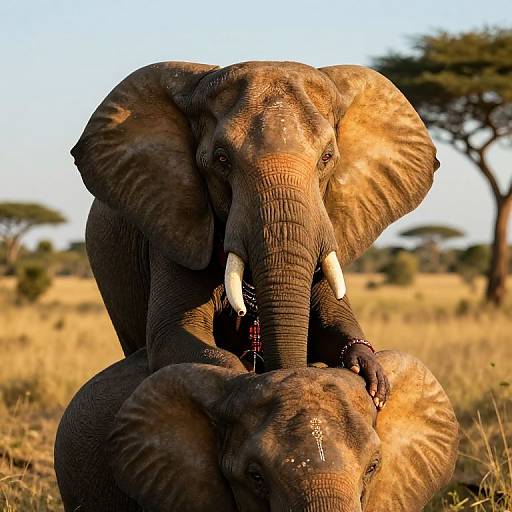 Photograph of two adult African elephants with large ears and prominent white tusks, standing close in a sunlit savanna, with dry grass and ac