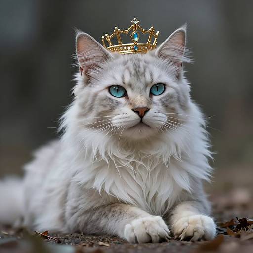 Photograph of a regal white cat with blue eyes and a gold crown with blue gemstones, lying on a dark, blurred forest floor.