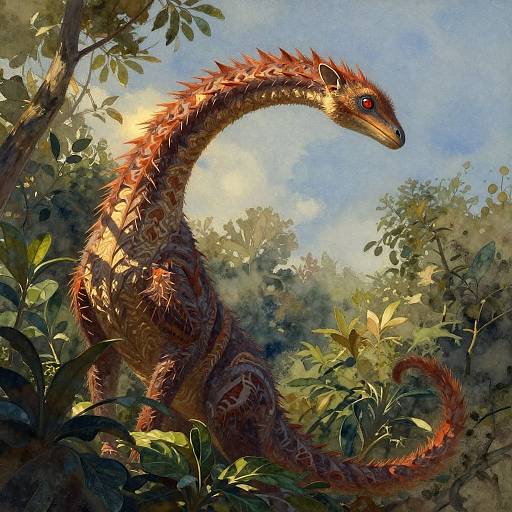 Digital painting of a red, scaly, dinosaur-like creature with a long neck and red eyes, sitting in a sunlit, lush forest.