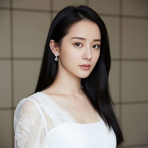 Photograph of an Asian woman with long black hair, fair skin, wearing a white lace dress and diamond earrings, against a tiled background.