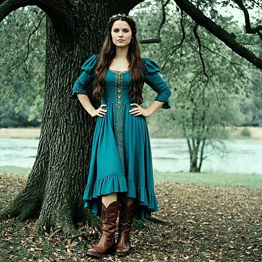 Woman in Teal Dress and Brown Boots Outdoors