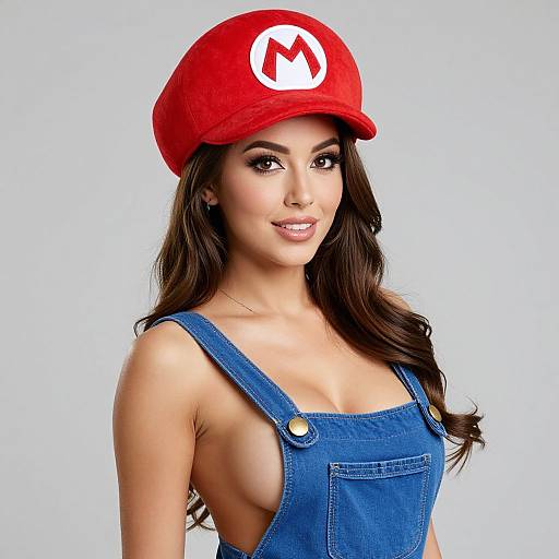 Photograph of a long-haired, brown-eyed woman with fair skin, wearing a red Mario hat, blue denim overalls with side cutouts, smiling