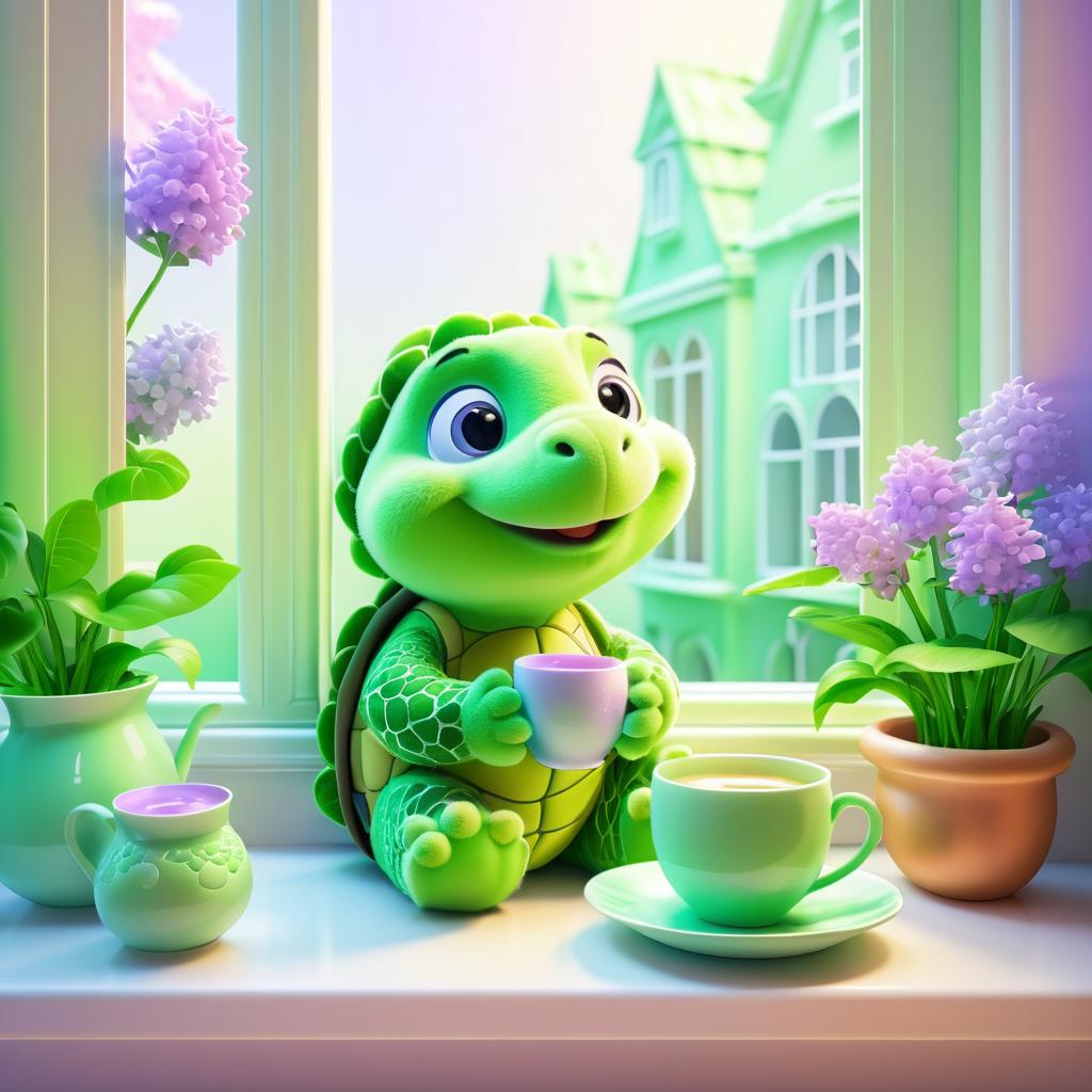 Cozy Cartoon Turtle with Chai and Lilacs