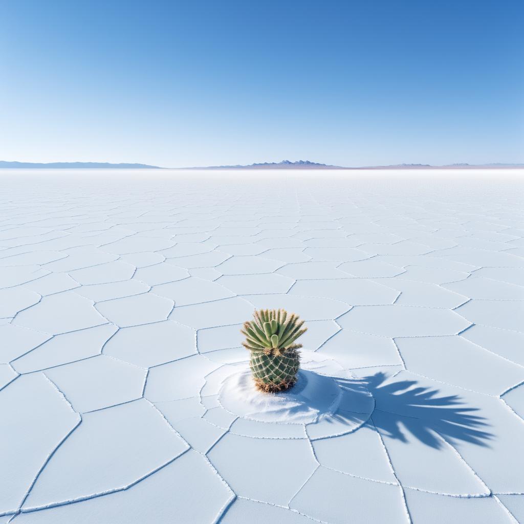 Surreal Cactus on Salt Flat Horizon