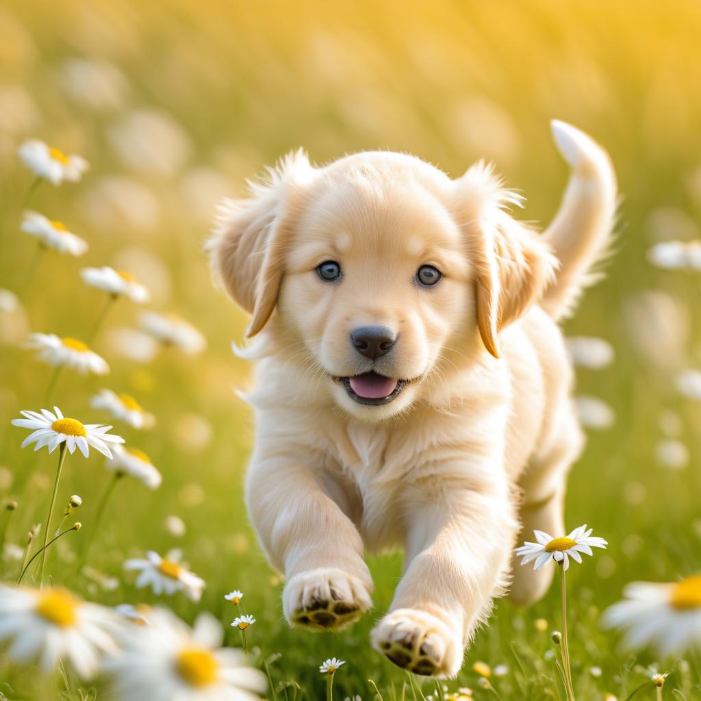 Golden Retriever Puppy in Daisy Field