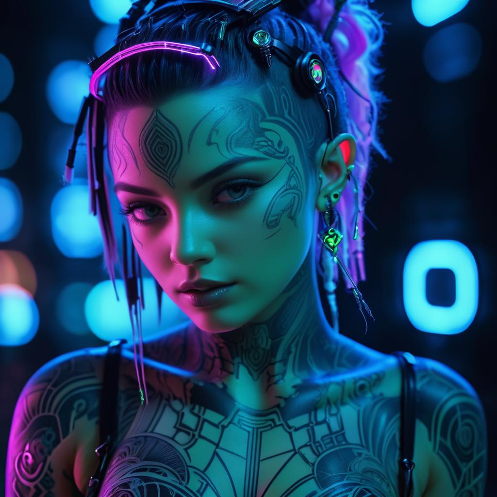 Cyberpunk Nymph Portrait with Neon Tattoos