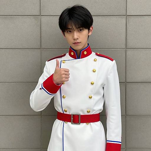 Photograph of an Asian man with short black hair, wearing a white military-style uniform with red trim and gold buttons, giving a thumbs-up against a