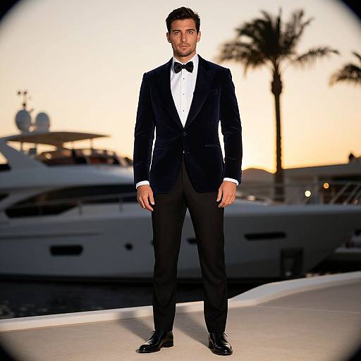 Photograph of a handsome man in a black tuxedo with a white shirt and black bow tie, standing on a dock at sunset with a yacht