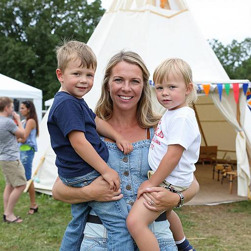 Photograph of a smiling blonde woman in denim dress holding two blonde boys, one in navy shirt, other in white, in front of a white tent