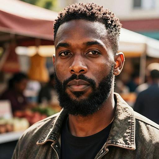 Photograph of a handsome, dark-skinned African-American man with a full beard and short curly hair, wearing a black shirt and green jacket, standing