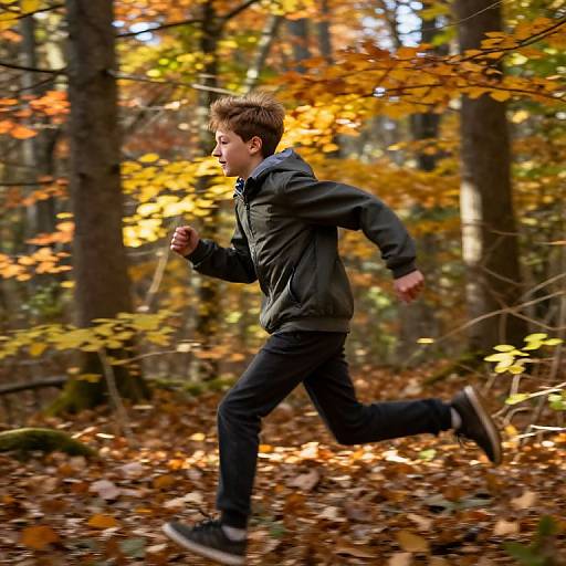 Photograph of a young boy with brown hair running in a forest during autumn, wearing a black jacket and dark pants, surrounded by vibrant yellow and orange
