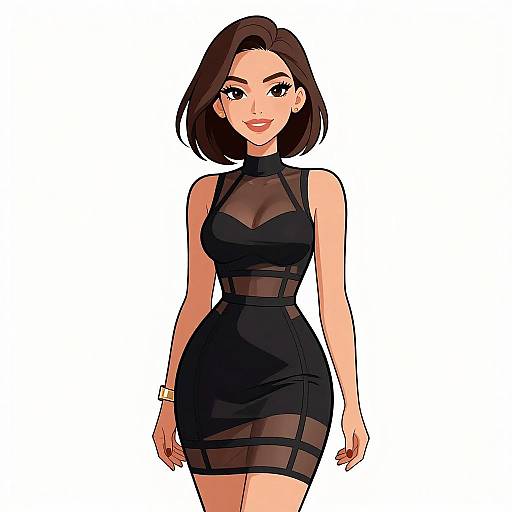 Digital drawing of a confident woman with short brown hair, wearing a black, sheer- mesh sleeveless dress, standing against a white background. She has