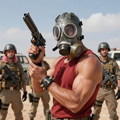 Muscular Man in Gas Mask Holding Pistol in Desert