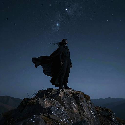 Silhouetted figure in flowing cloak stands on rocky peak under starry night sky with visible Milky Way, wind blowing cape. Digital art.
