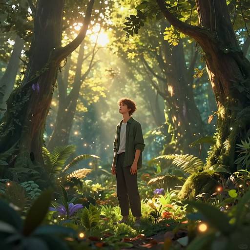 Photograph-like digital art of a young man with curly hair, wearing a green jacket, standing in a magical forest illuminated by sunlight filtering through tall trees