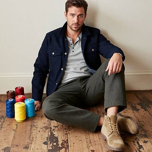 Photograph of a bearded man with short brown hair, wearing a black jacket, grey shirt, dark jeans, and tan boots, sitting on a