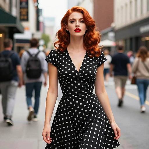 Photograph of a red-haired woman with curled hair, wearing a black polka dot dress, standing confidently in a bustling city street.