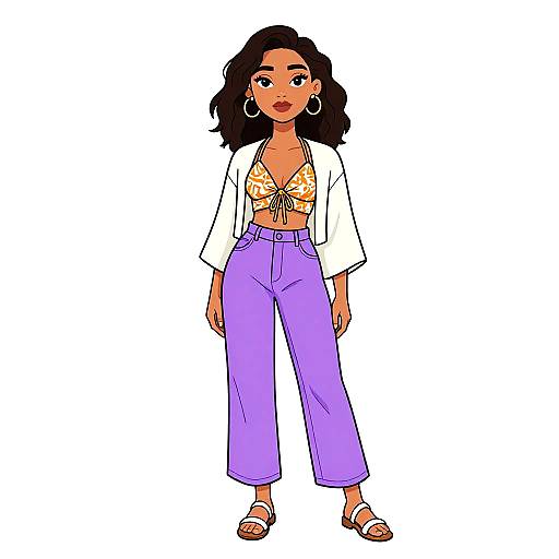 Digital illustration of a confident woman with dark wavy hair, wearing a yellow floral bikini top, white cardigan, high-waisted lavender pants,