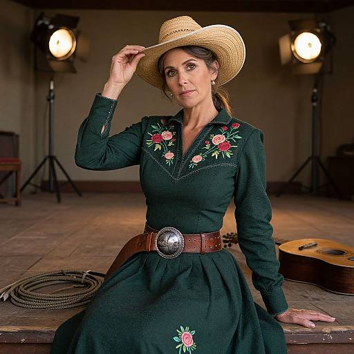 Photograph of a middle-aged woman in a green embroidered dress, straw hat, brown belt, and cowboy boots, seated on a wooden stage with ropes