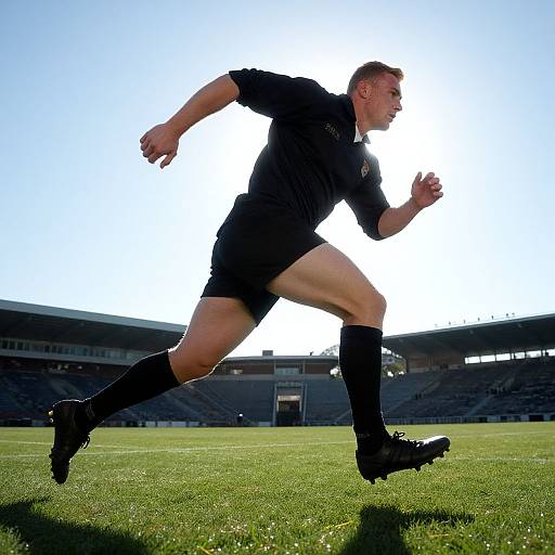 Photograph of a male rugby player in black uniform mid-sprint on a grassy field, bright sunlight behind, stadium in background.