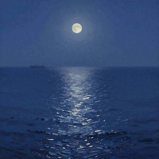 Photograph of a calm, blue ocean at night with a bright, full moon shining above, reflecting on the water's surface. A faint, distant