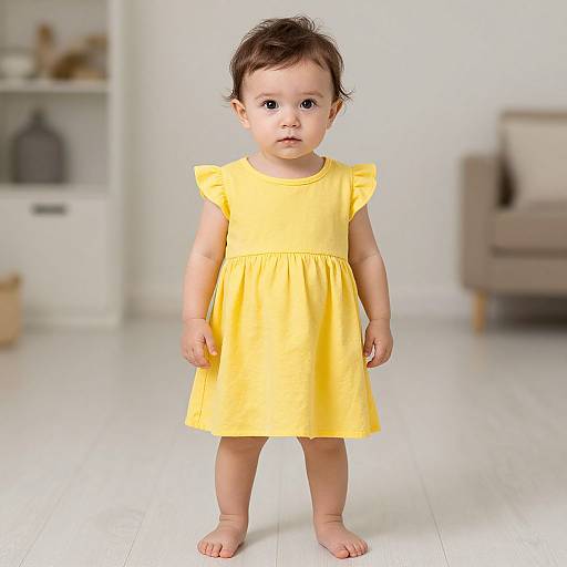 Photograph of a cute, curious toddler with light skin and dark brown hair, wearing a bright yellow dress with ruffled sleeves, standing barefoot in