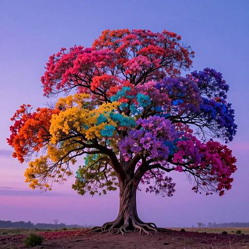 Photograph of a vibrant tree with multicolored flowers in red, orange, yellow, blue, and purple, set against a clear blue sky at