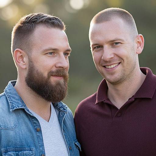 Photograph of two smiling Caucasian men with short hair and beards; one in a blue denim jacket, the other in a maroon polo, standing