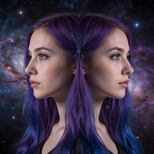 Photograph of a young woman with long, vibrant purple hair, mirrored in profile against a cosmic, starry background. She has fair skin, blue