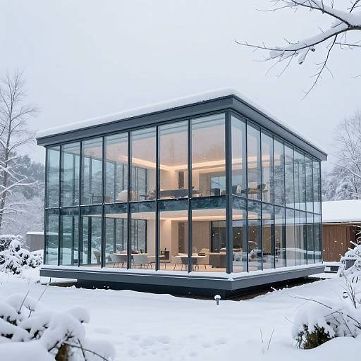 Photograph of a modern, glass-walled, two-story house in a snowy landscape, with warm, lit interior visible through transparent windows.