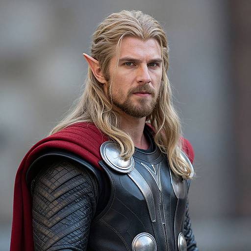 Photograph of a blonde-haired, bearded man with pointed ears, wearing black armor with silver accents and a red cloak, looking serious. Fantasy character