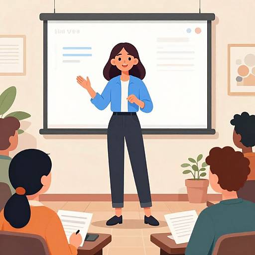 Illustration of a smiling woman with dark hair in a blue jacket and black pants, presenting to a diverse group of seated audience members in a brightly lit